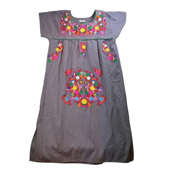 Gray XXL Embroidered Mexican Dress Floral Peasant Hippie Boho Maxi‎ - Picture 1 of 8